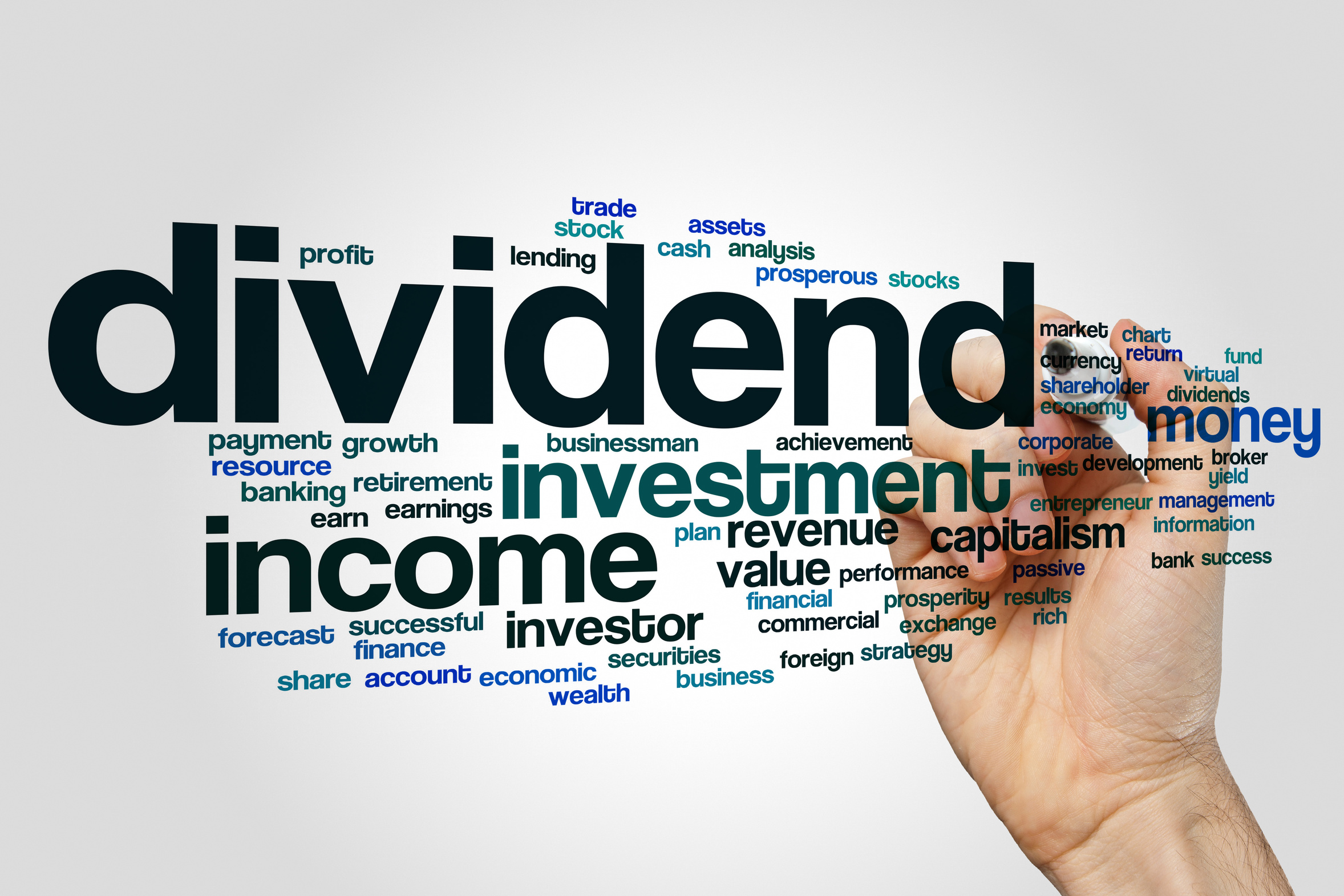 Dividend word cloud concept on grey background.